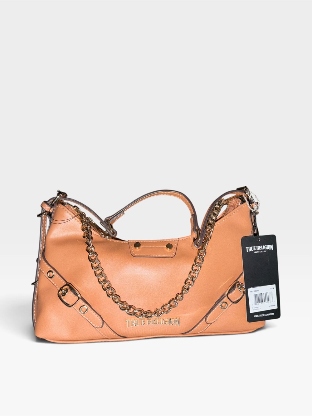 True Religion Cognac Leather Shoulder Bag with Gold Chain